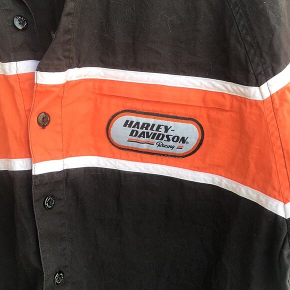 Harley Davidson Racing Black and Orange Short Sleeve Button Down Shirt - Picture 2 of 10